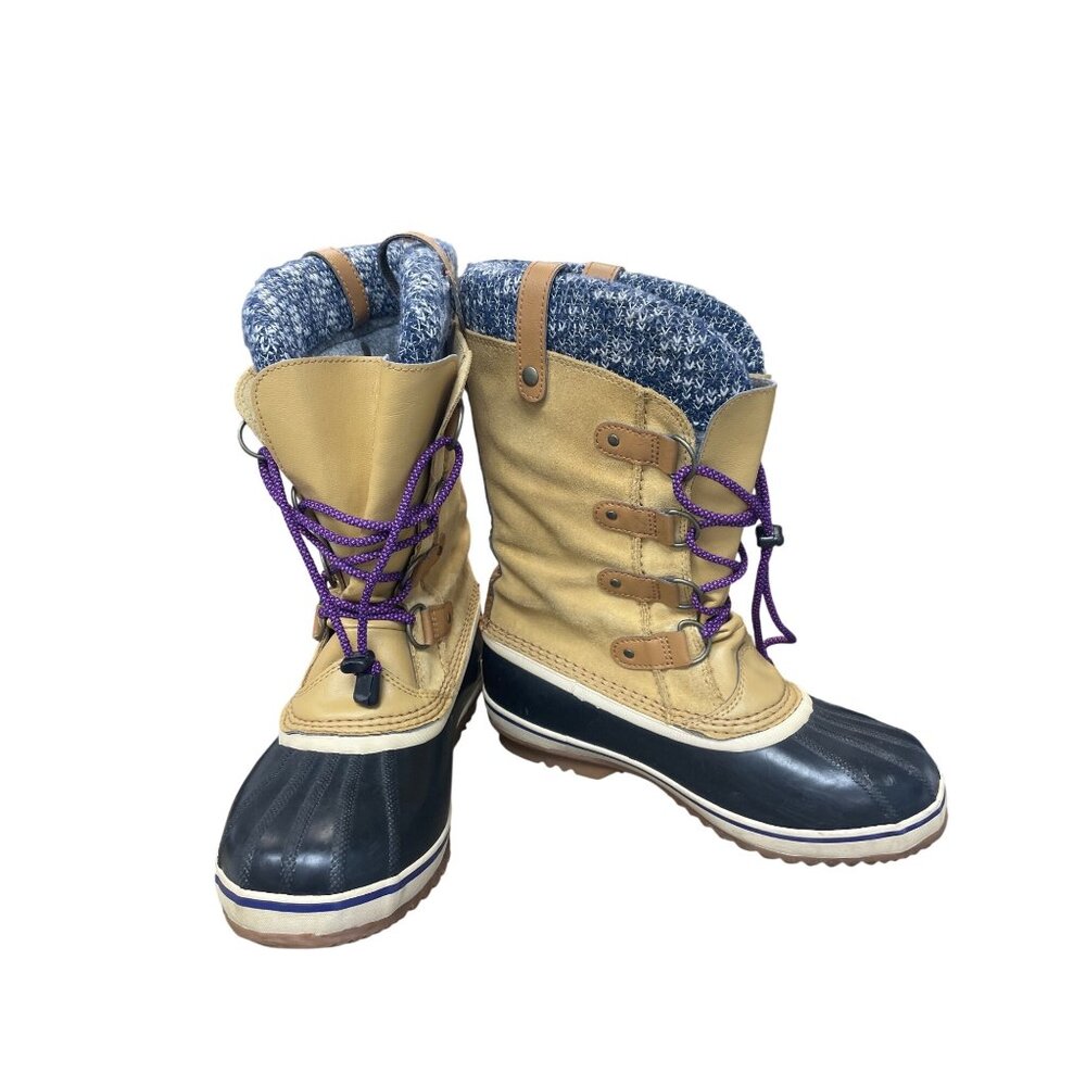 Sorel Joan of Arc Womans Tan Black Knit mid calf boots Sz 7 SKU 9565 - Picture 1 of 16